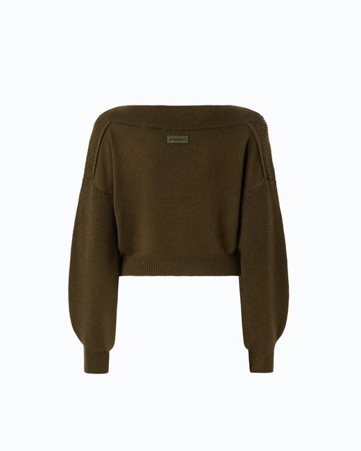 Pinko Green Cropped Wool Sweater With Balloon Sleeves