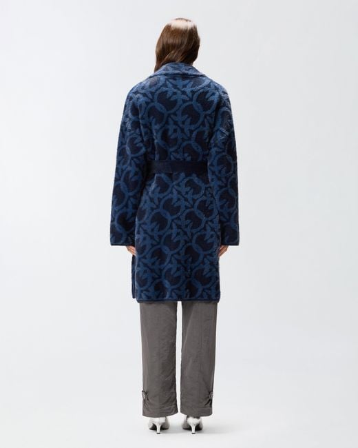 Pinko Blue Velour-effect Coat With Jacquard Logo