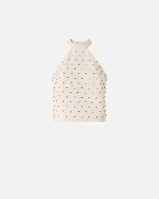 Pinko White Halterneck Top With Diamond Motif And Rhinestones