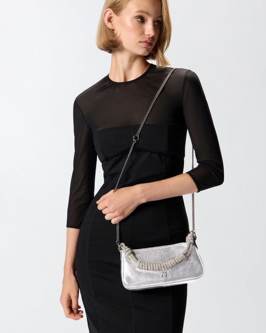 Pinko Multicolor Mini Half Moon Baguette Small Handbag In Laminated Leather With Rhinestones