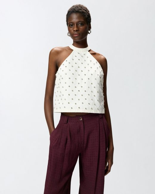 Pinko White Halterneck Top With Diamond Motif And Rhinestones
