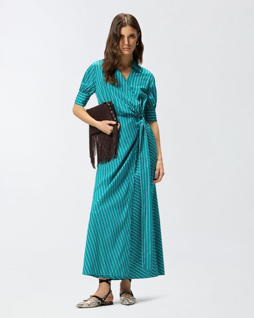 Pinko Blue Long Wrap Dress With Striped Pattern