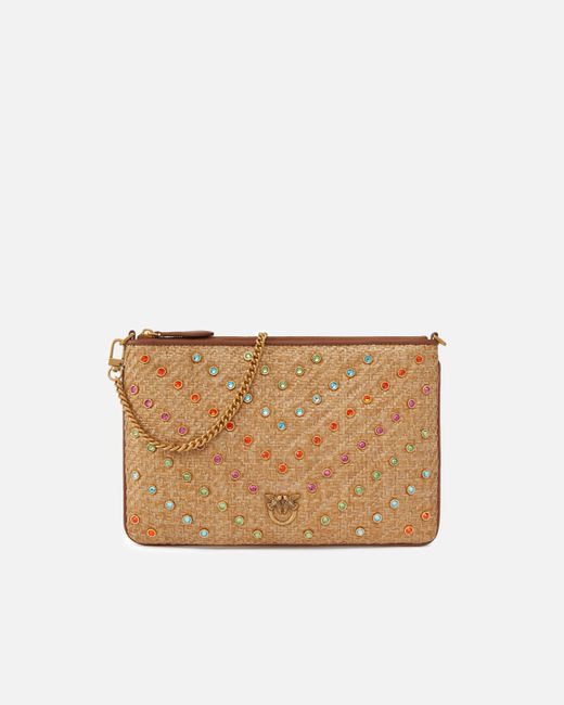 Pinko White Medium Raffia Flat Bag With Coloured Rhinestones