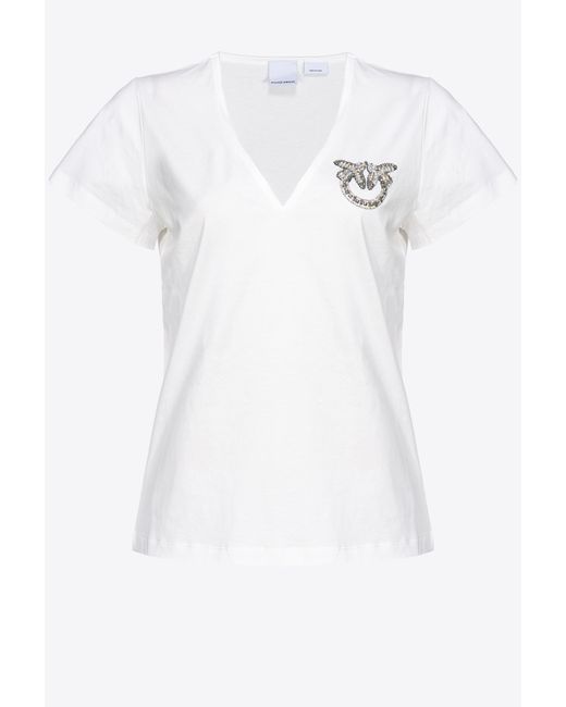 Pinko White V-neck T-shirt With Shiny Logo