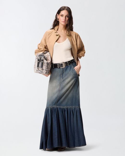 Pinko Blue Long Denim Skirt With Flounce And Belt