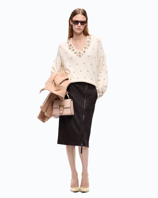 Pinko Natural Wool And Cashmere Sweater With Jewel Appliqués