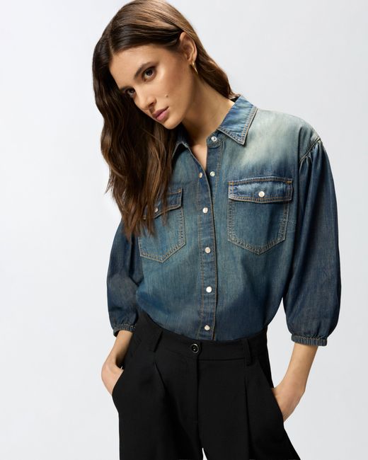 Pinko Blue Denim Shirt With Balloon Sleeves