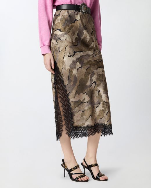 Pinko Natural Camouflage Midi Skirt With Lace And Slit