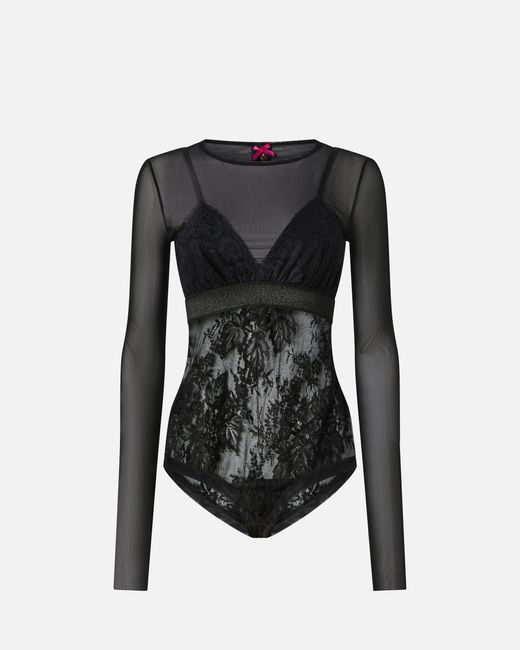 Pinko Black Tulle And Lace Knit Bodysuit