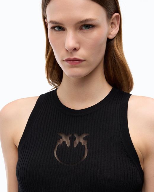 Pinko Black Ribbed Top With Sheer Love Birds Logo