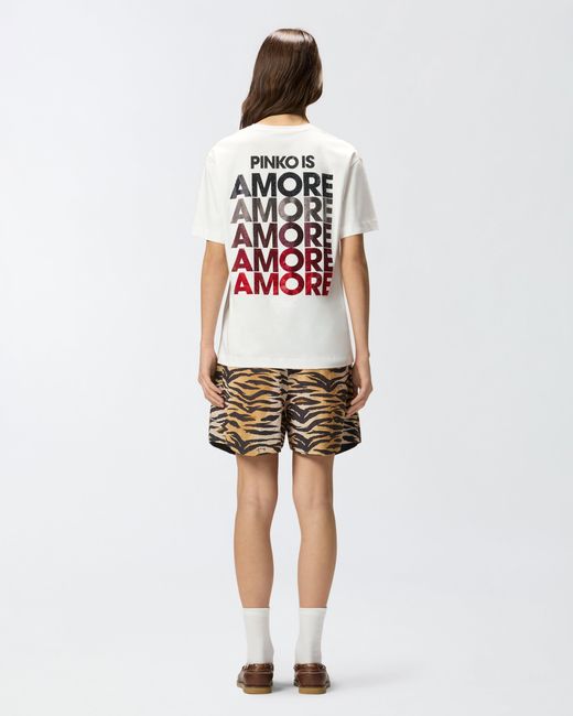 Pinko White T-Shirt With Rhinestoned Amore Lettering