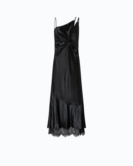 Pinko Black Long Satin Dress With Draping And Lace
