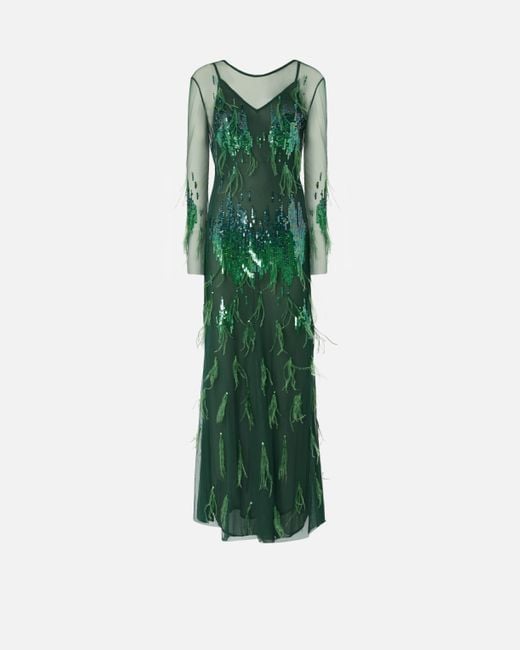 Abito Con Paillettes E Piume di Pinko in Green