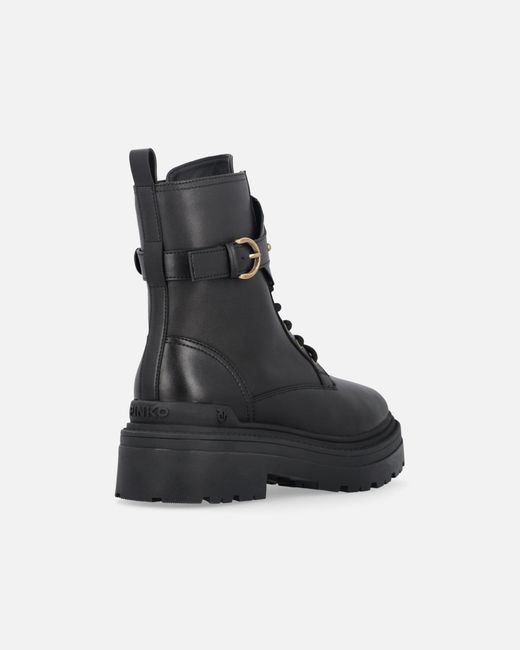 Pinko Black Leather Combat Boots With Branded Front Strap