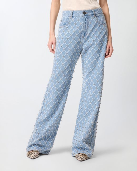 Pinko Blue Wide-Leg Jeans With Diamond And Rhinestone Motif