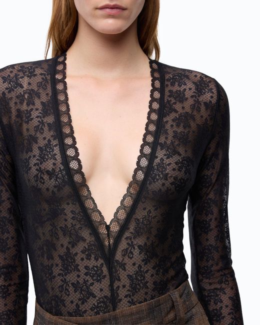 Pinko Black Floral Stretch Lace Bodysuit