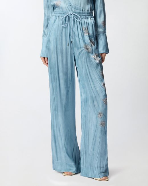 Pinko Blue Fluid Trousers With Placed Jewel Print