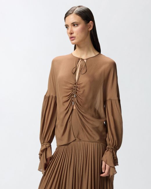 Pinko Brown Flowing Blouse With Gathering And Cuff Ruffles