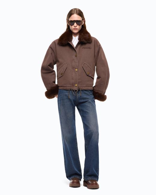 Pinko Brown Cotton Pea Coat With Faux Fur Details