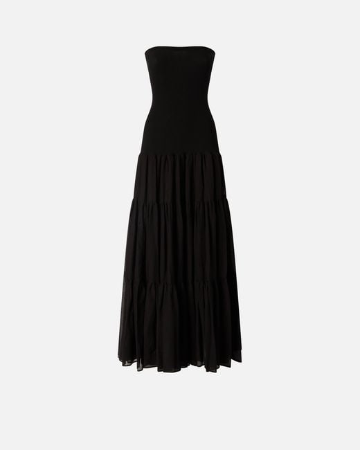 Pinko Black Long Dress With Ribbed Top And Flounced Skirt
