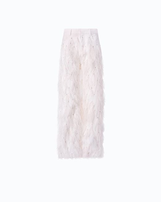 Pinko White Wide-Leg Trousers With Feathers And Rhinestones