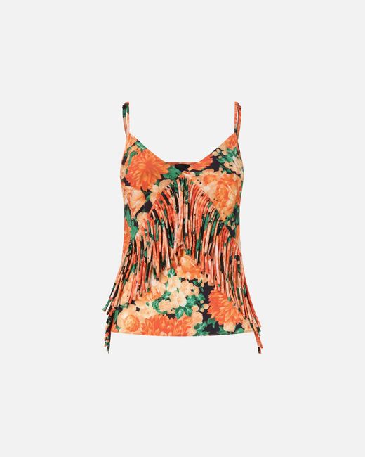 Pinko White Sleeveless Top With Fringing And Floral Print