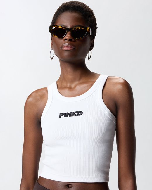 Pinko White Cropped Vest Top With Logo