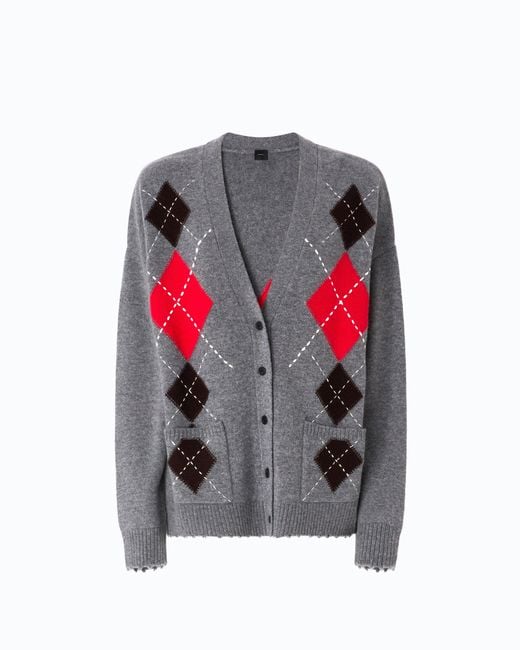 Pinko Gray Wool And Cashmere Cardigan With Diamond Motif