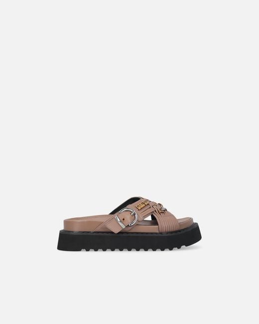 Pinko White Woven Nappa Leather Slip-On Sandals With Metallic Rings