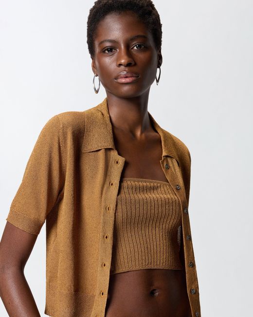 Pinko White Cropped, Short-Sleeved Cardigan With Collar