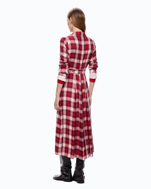 Pinko Red Long Shirt Dress With Check Pattern And Belt