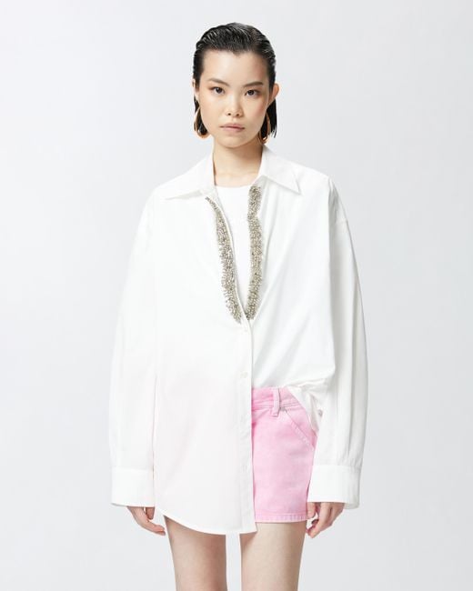 Camicia Bianca Scollo A V Con Strass, Bianco Brill di Pinko in White