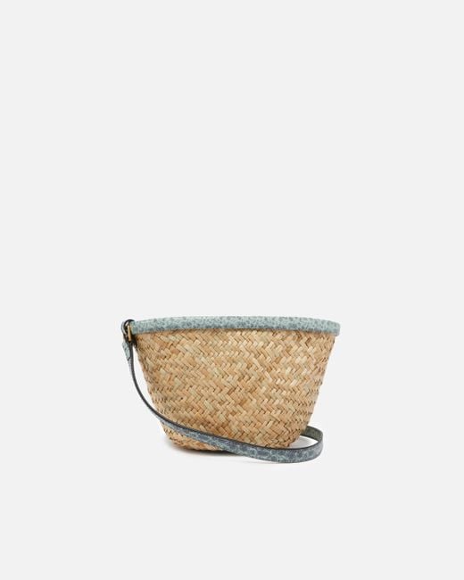 Pinko White Small Bucket Bag In Woven Raffia And Leather