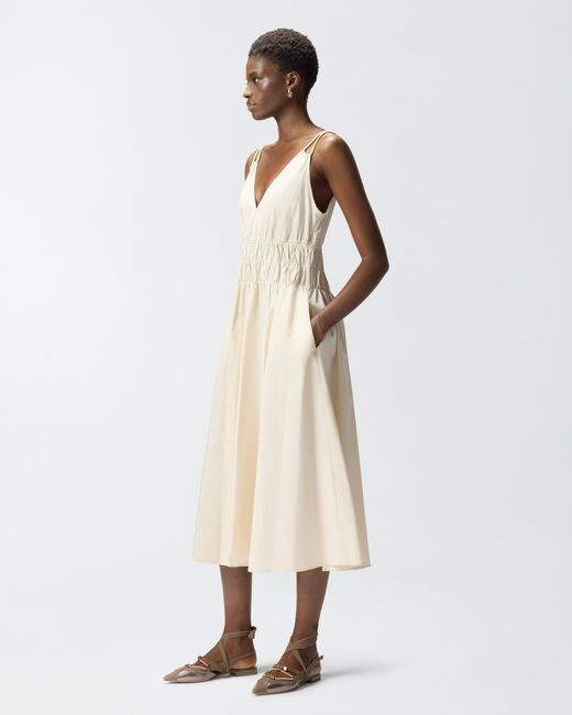 Pinko White Sleeveless Midi Dress With Pleats And Gathering