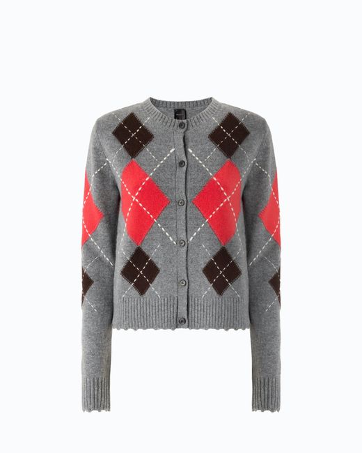 Pinko Red Wool And Cashmere Crew-Neck Cardigan With Diamond Motif