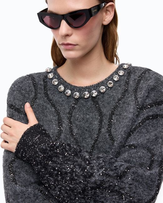Pinko Black Sweater With Jewel Collar And Micro Sequins