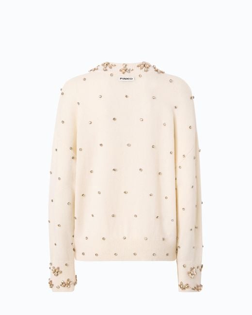 Pinko Natural Wool And Cashmere Sweater With Jewel Appliqués