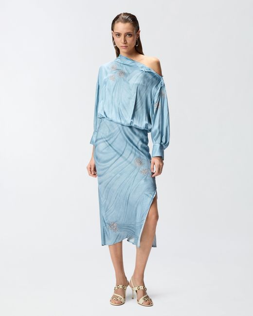 Pinko Blue Fluid Midi Dress With Placed Jewel Print