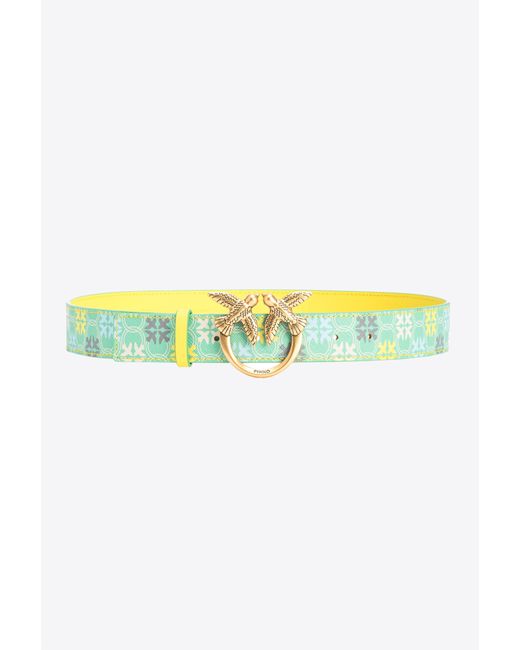 Pinko Yellow 3cm Logo-print Belt With Love Birds Buckle