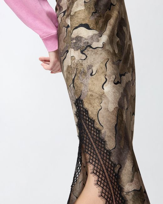 Pinko Natural Camouflage Midi Skirt With Lace And Slit