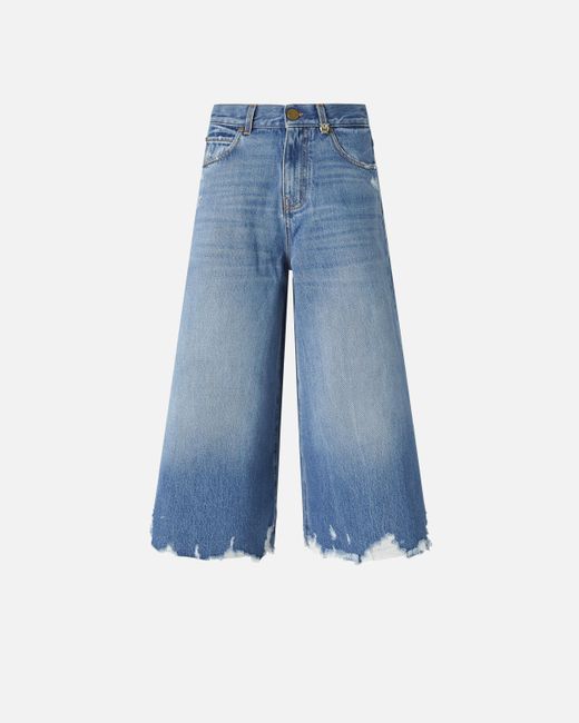 Pinko Blue Long Denim Shorts With Distressed Hem