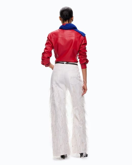 Pinko White Wide-Leg Trousers With Feathers And Rhinestones
