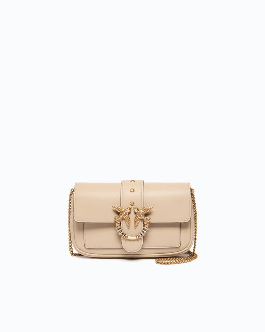 Pinko Natural Love Bag Pocket Small Leather Shoulder Bag With Jewel Buckle