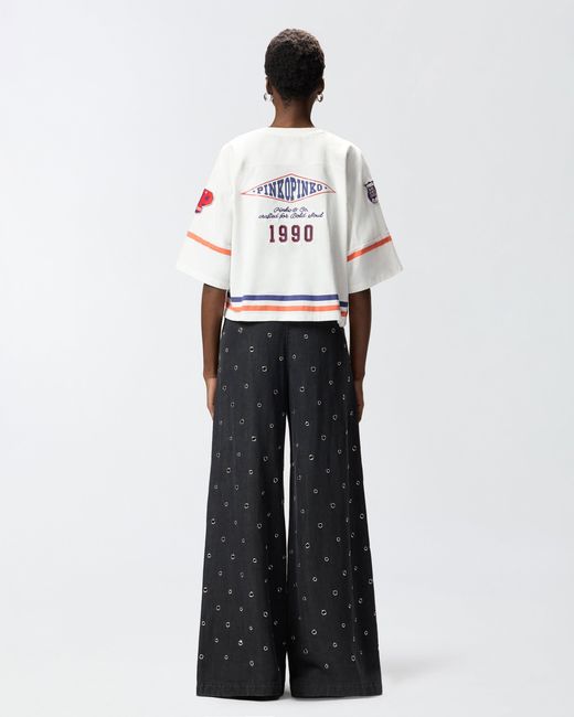 Pinko White Cropped T-Shirt With V-Neck And Branded Patches