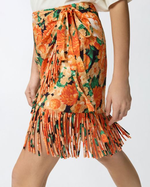 Pinko Orange Short Skirt With Fringing And Botanic Garden Print