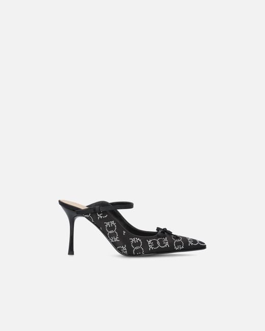 Pinko White Rhinestoned Satin Slip-Ons With Heel