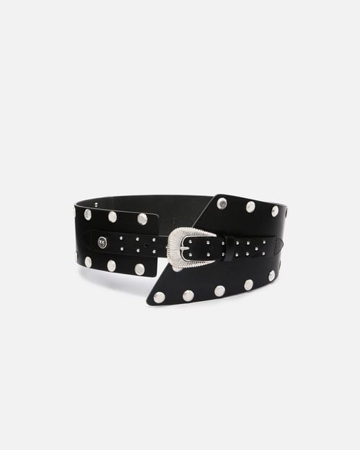 Pinko Black Leather Belt With Studs And Strap, 15 Cm
