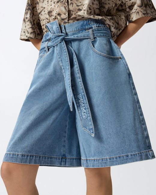 Bermudas Anchas De Denim Con Cinturón Pinko de color Blue