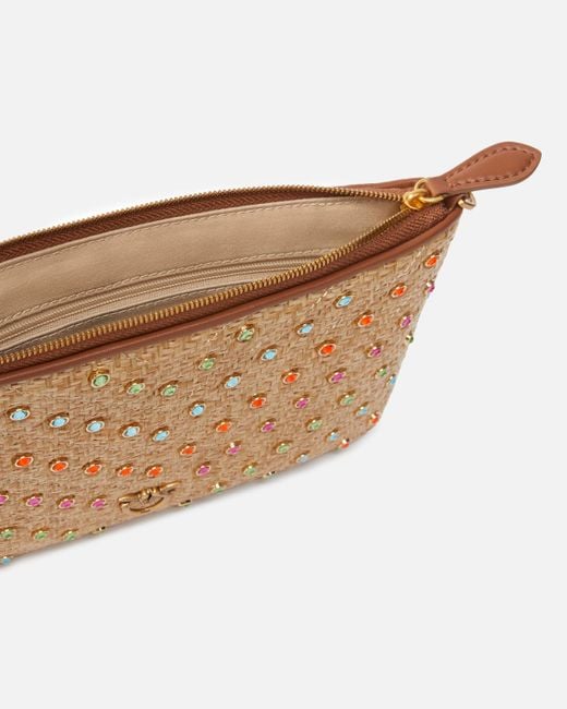 Pinko White Medium Raffia Flat Bag With Coloured Rhinestones
