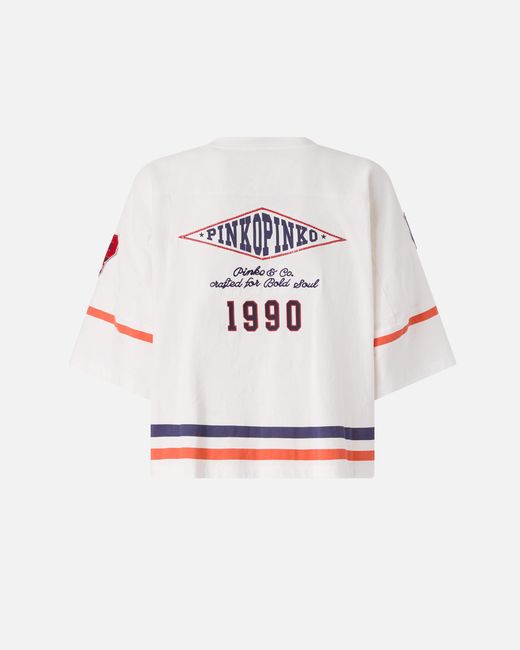 Pinko White Cropped T-Shirt With V-Neck And Branded Patches